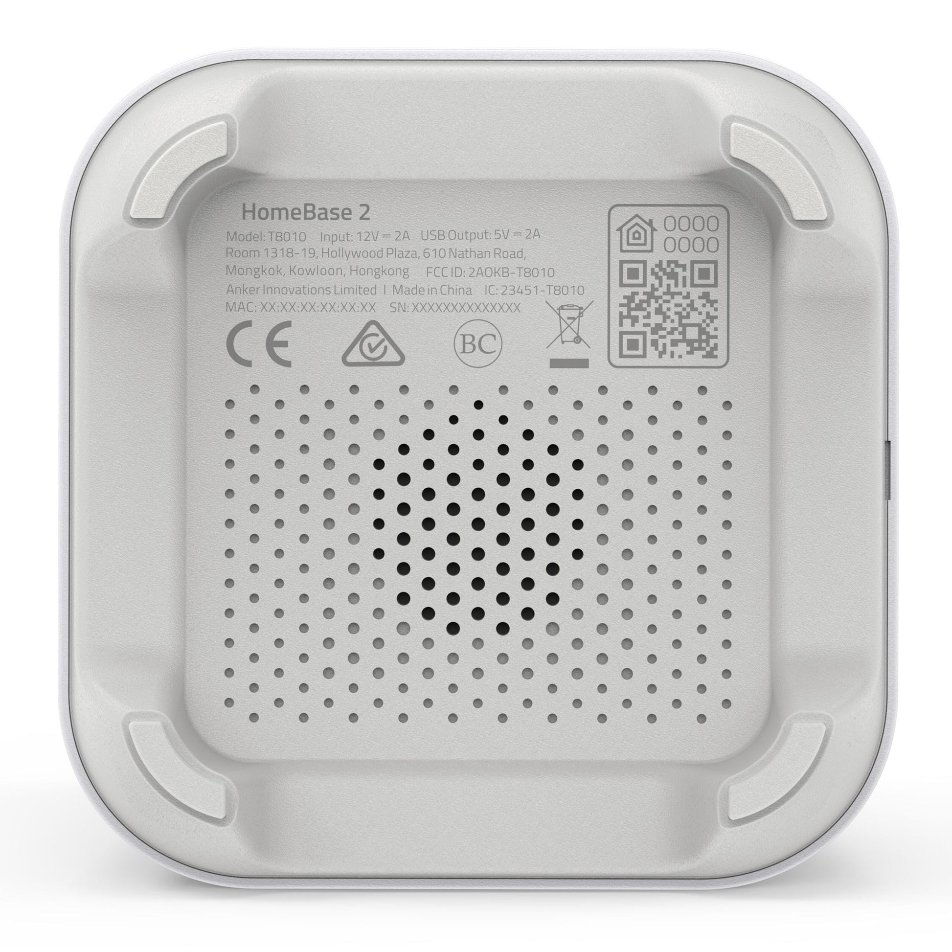 Eufy EufyCam 2C Kit overvågningssystem hvid, bundt med modelinfo, ventilationshuller, gummifødder og certifikatikoner.