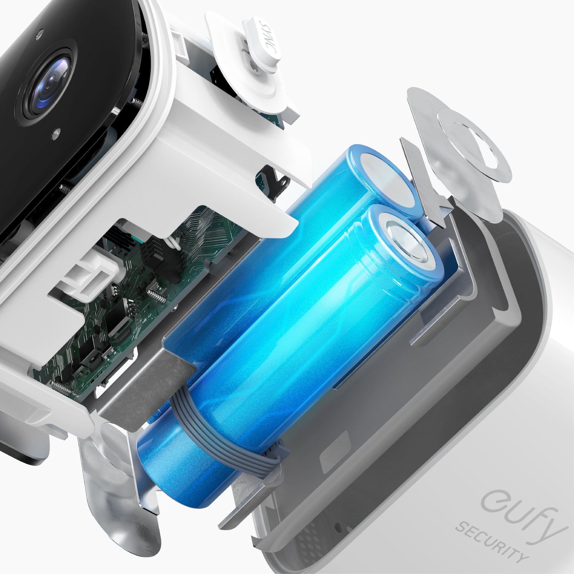 Eufy EufyCam 2C Kit overvågningssystem 2 kameraer, åbent kabinet med blå batterier og komponenter, Full HD trådløs.