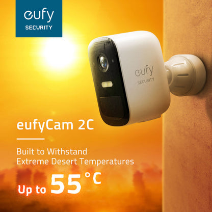 Eufy EufyCam 2C Kit med 2 kameraer udendørs, Full HD-overvågning, tåler op til 55°C, orange ørkenbaggrund.