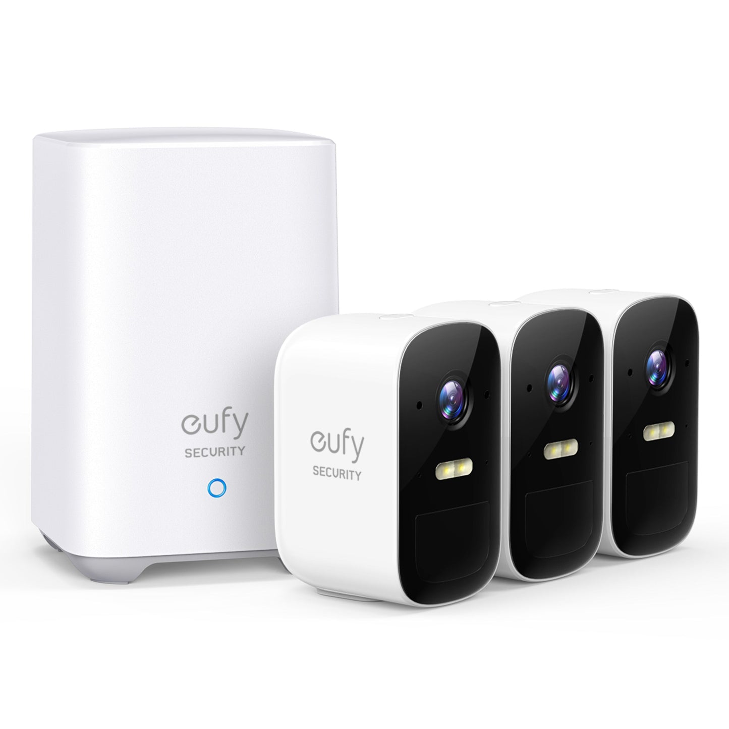 Eufy EufyCam 2C Kit med tre kameraer foran hvid hub med blåt lys, understøtter lokal lagring.