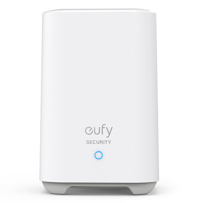 Eufy EufyCam 2C Kit overvågningssystem hvid, afrundede kanter, blåt LED-lys, Eufy-logo, lokal lagring.