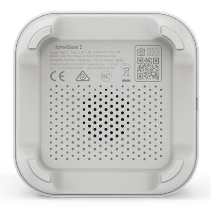 Eufy EufyCam 2C Kit overvågningssystem underside med modelinfo, certifikatsymboler, ventilationshuller og gummifødder.