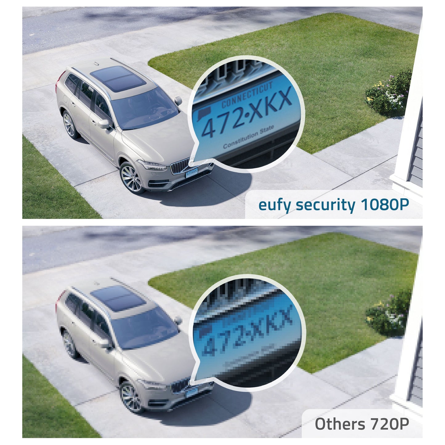Eufy EufyCam 2C overvågningskamera-sæt 3 stk viser bil med tydelig nummerplade vs uskarp nummerplade fra 720P-kamera.