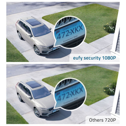 Eufy EufyCam 2C Ekstra kamera viser 1080P billede med tydelig nummerplade sammenlignet med sløret 720P billede.