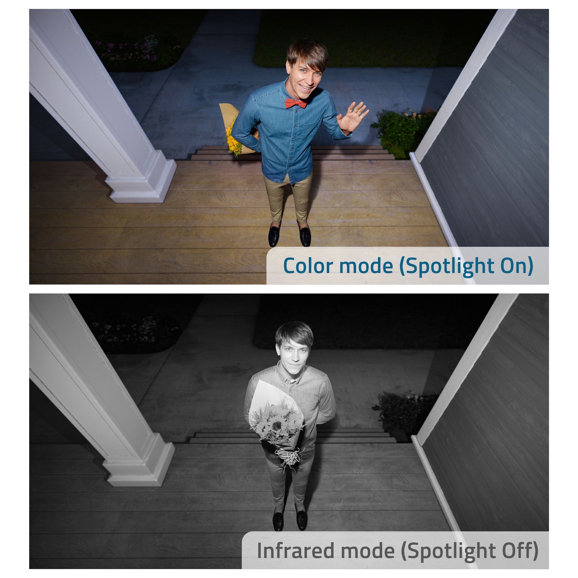 Eufy EufyCam 2C Ekstra kamera viser kameraoptagelse i farve med spotlight og sort-hvid uden spotlight.
