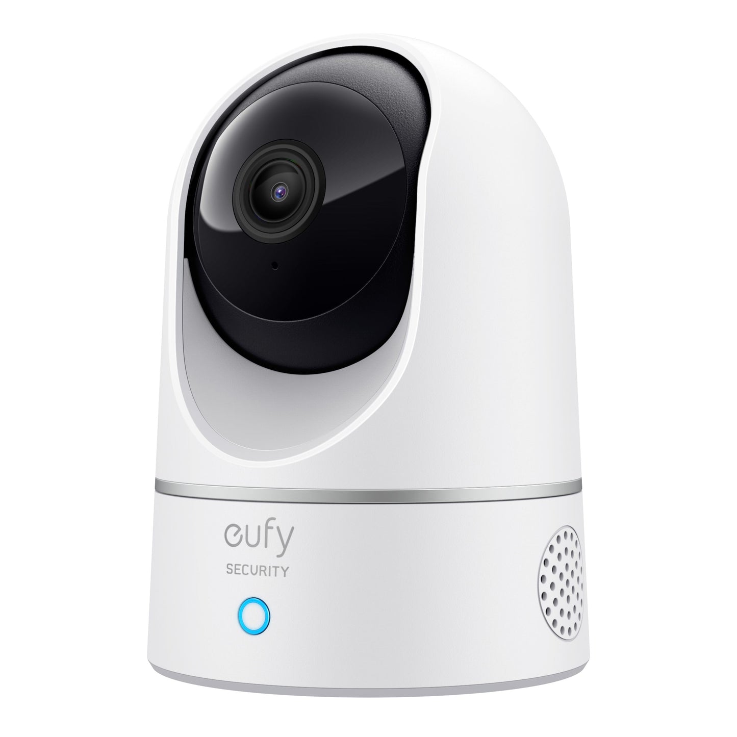 Eufy Indendørs kamera 2K Pan  Tilt, hvid med sort linse, blå indikatorlys, højttalergitter, eufy Security logo.