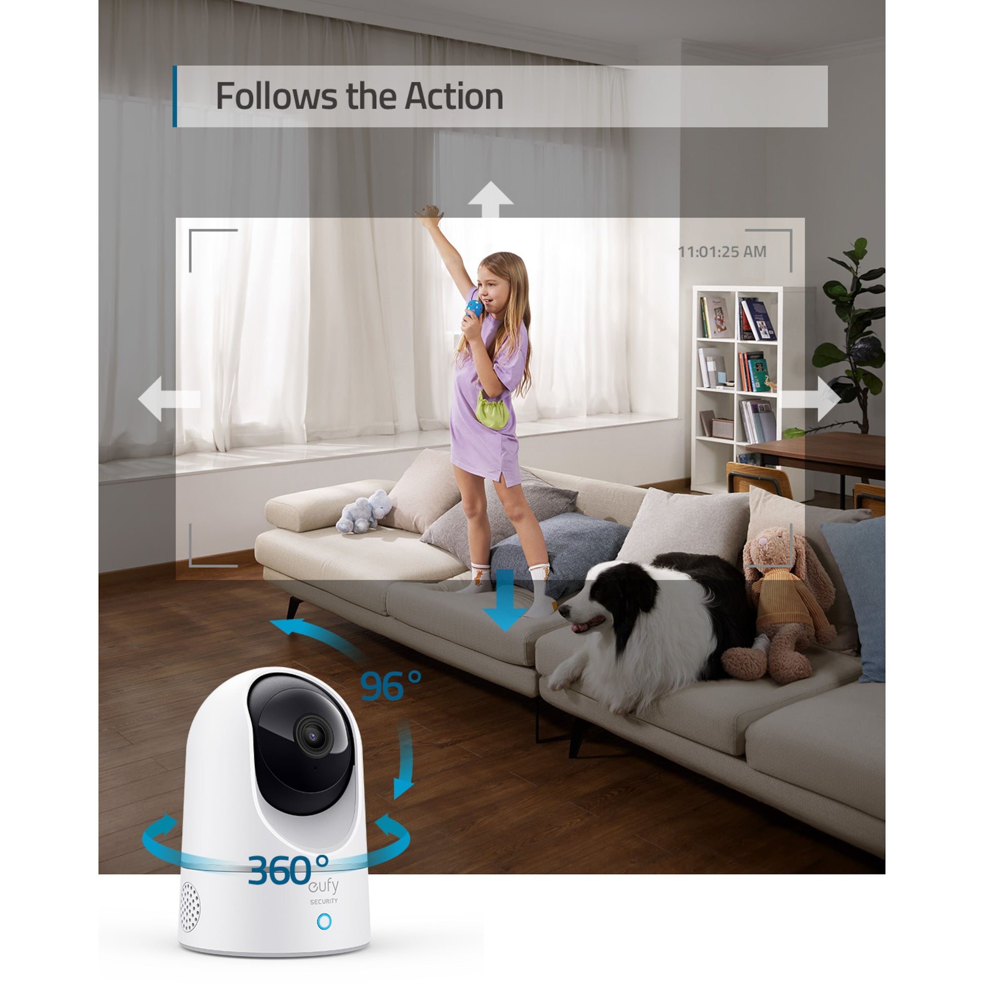 Eufy 2K Pan  Tilt indendørs kamera viser 360°/96° bevægelsessporing til babyovervågning ved stue sofa.