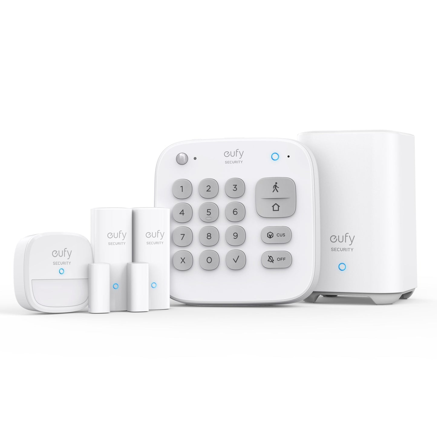 Eufy sikkerhedsalarm 5 dele, tastatur, basestation, indgangssensor, bevægelsessensor, hvid med blå indikatorlys.