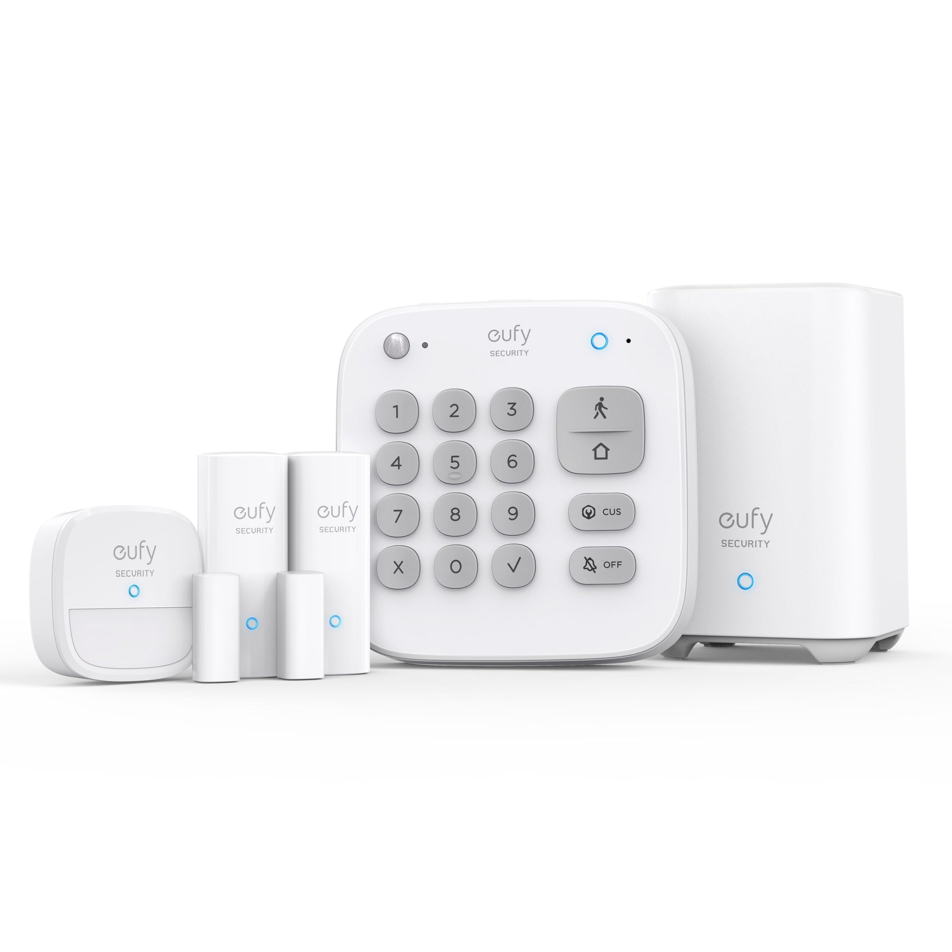 Eufy sikkerhedsalarm 5 dele, tastatur, basestation, indgangssensor, bevægelsessensor, hvid med blå indikatorlys.