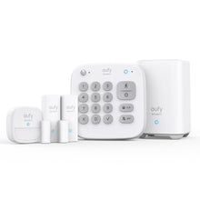 Eufy sikkerhedsalarm 5 dele, tastatur, basestation, indgangssensor, bevægelsessensor, hvid med blå indikatorlys.