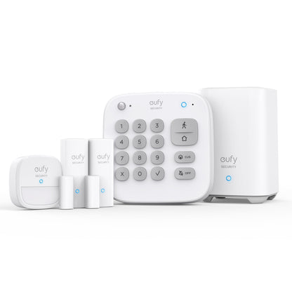 Eufy sikkerhedsalarm 5 dele, tastatur, basestation, indgangssensor, bevægelsessensor, hvid med blå indikatorlys.