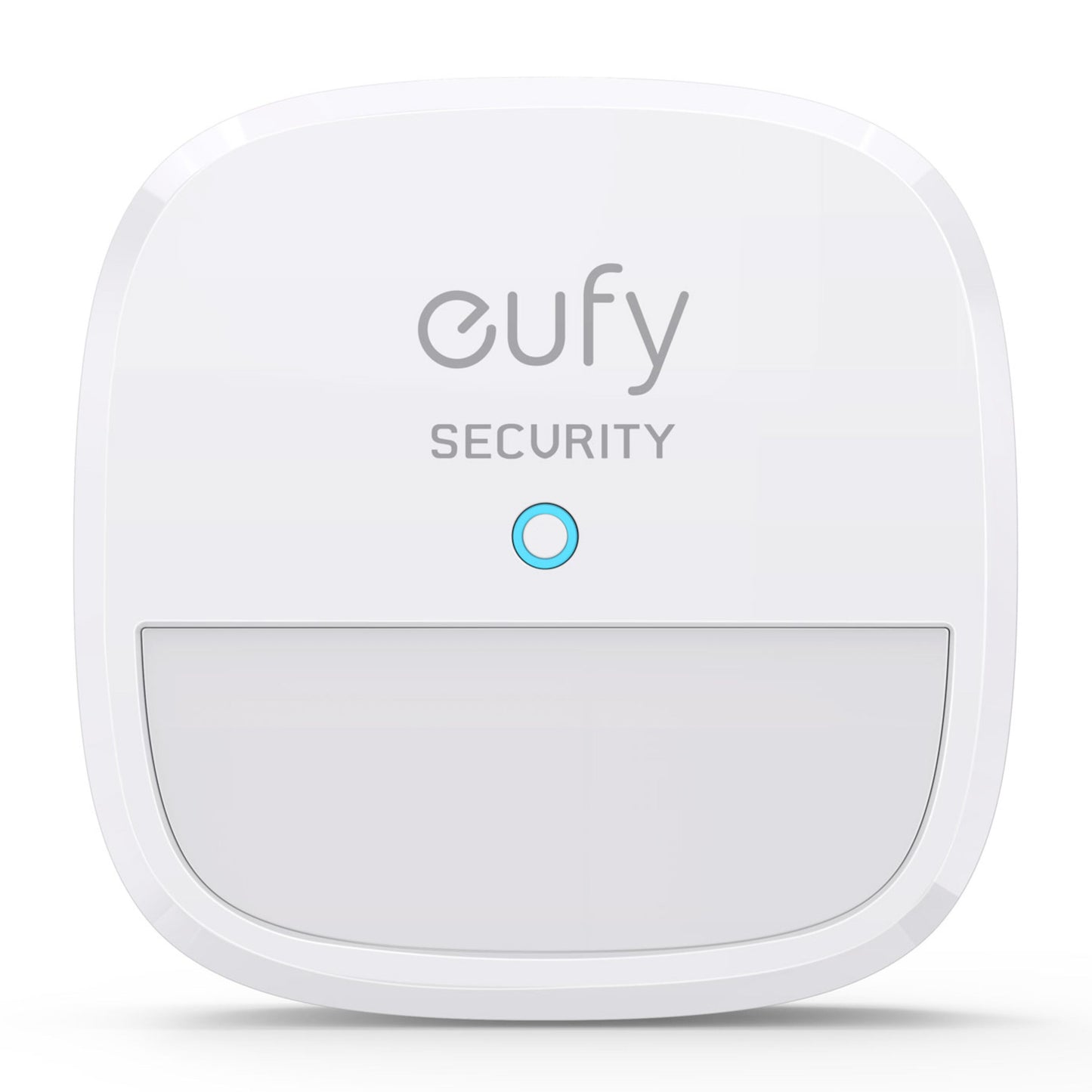 Eufy Sikkerhedsalarm 5 dele, hvid, kvadratisk med afrundede hjørner, Eufy-logo, blå lysindikator, rektangulær base.