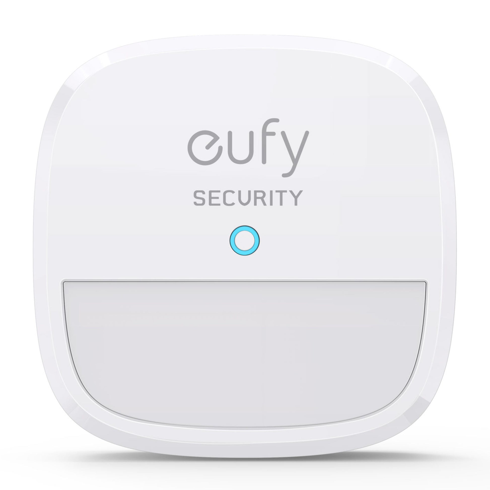 Eufy Sikkerhedsalarm 5 dele, hvid, kvadratisk med afrundede hjørner, Eufy-logo, blå lysindikator, rektangulær base.