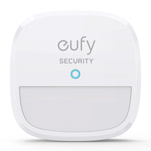 Eufy Sikkerhedsalarm 5 dele, hvid, kvadratisk med afrundede hjørner, Eufy-logo, blå lysindikator, rektangulær base.