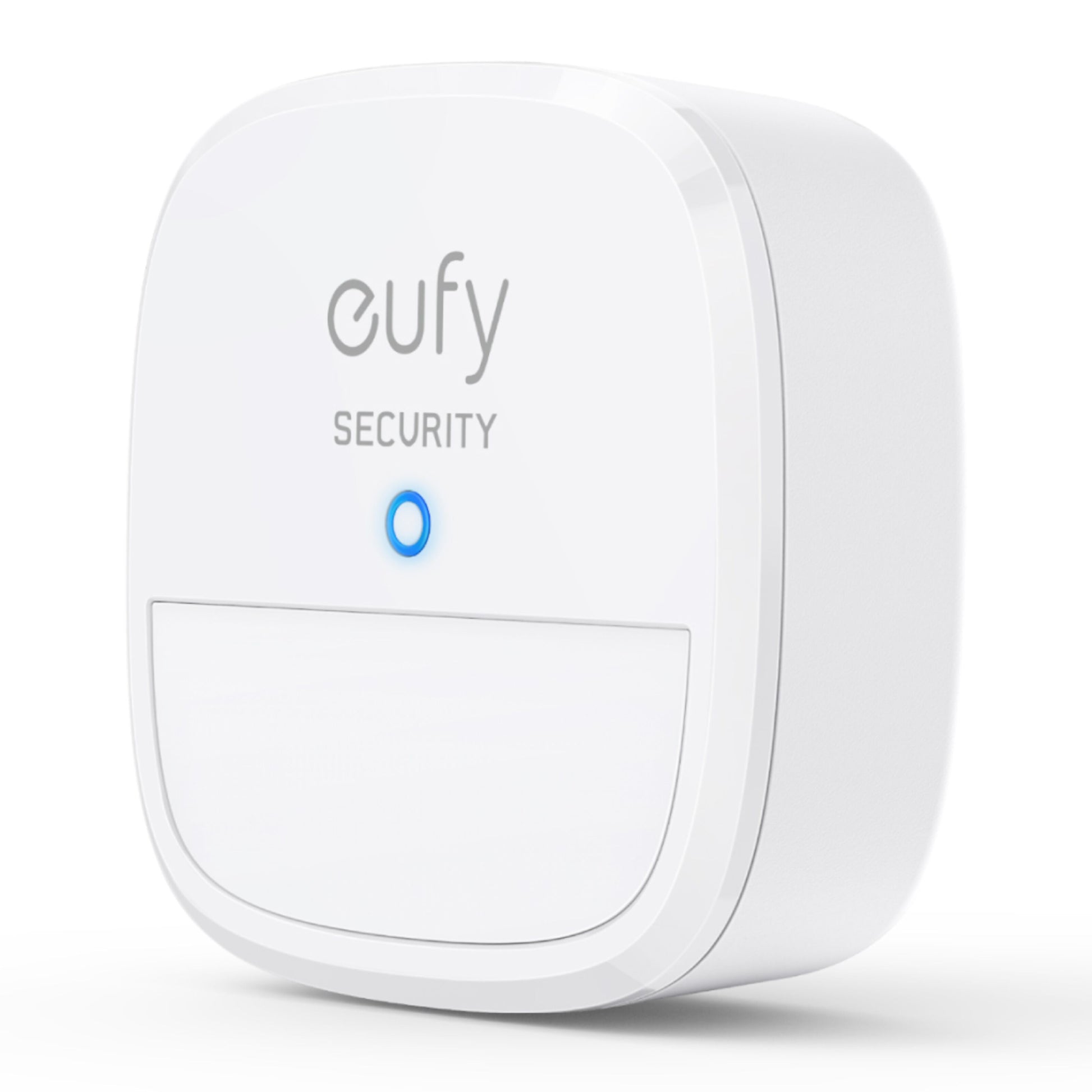 Eufy sikkerhedsalarm 5 dele hvid, afrundet firkantet design, Eufy-logo, blåt indikatorlys, rektangulært panel.