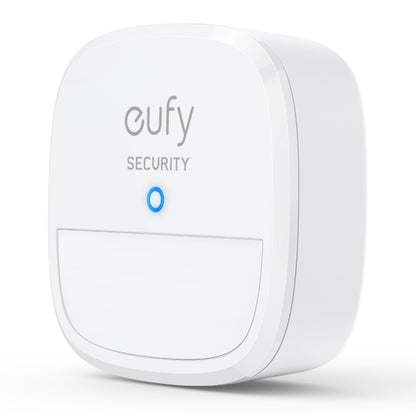Eufy sikkerhedsalarm 5 dele hvid, afrundet firkantet design, Eufy-logo, blåt indikatorlys, rektangulært panel.