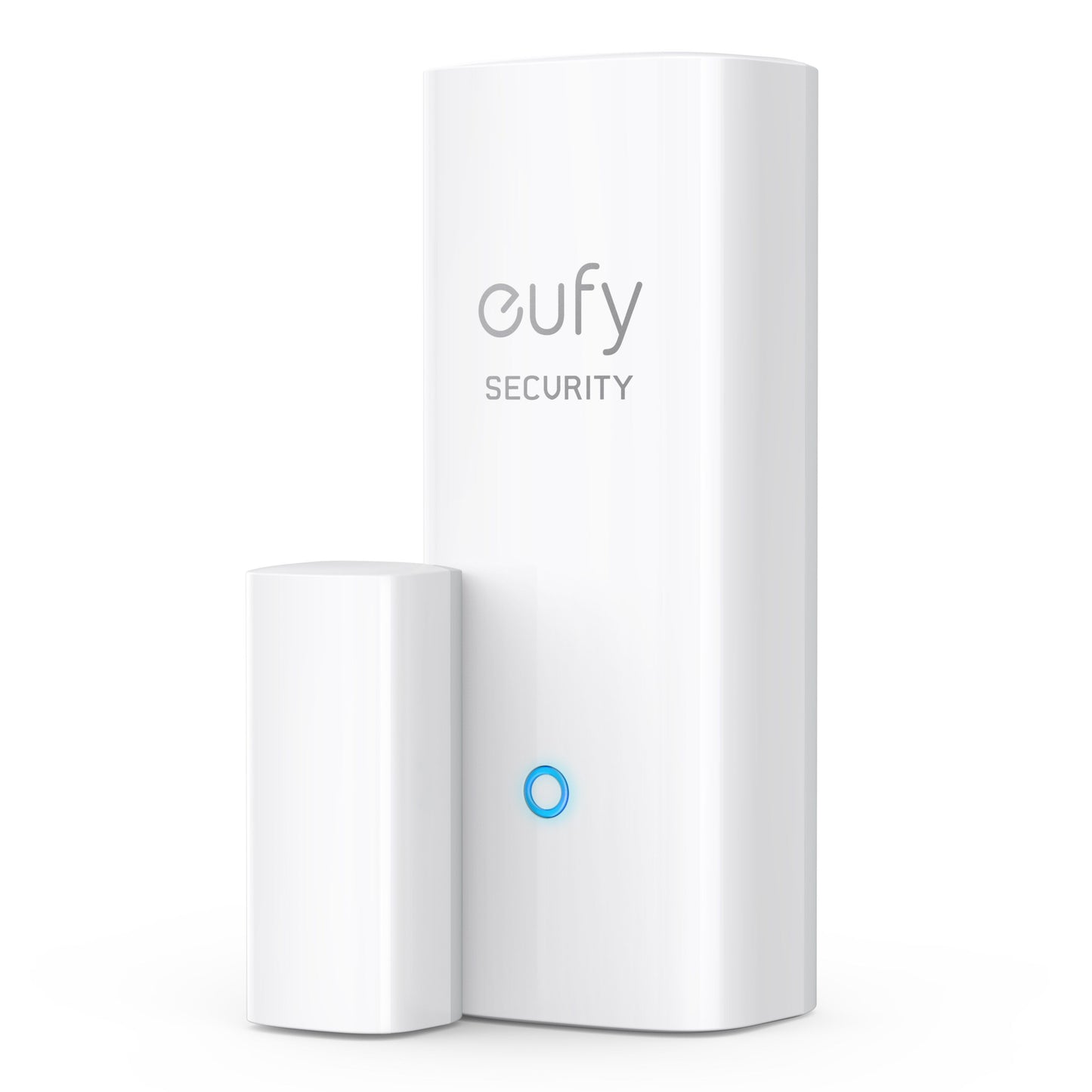 Eufy Sikkerhedsalarm 5-dele, hvide sensorer, til rektangulære dele med blå indikator og "SECURITY"-label.