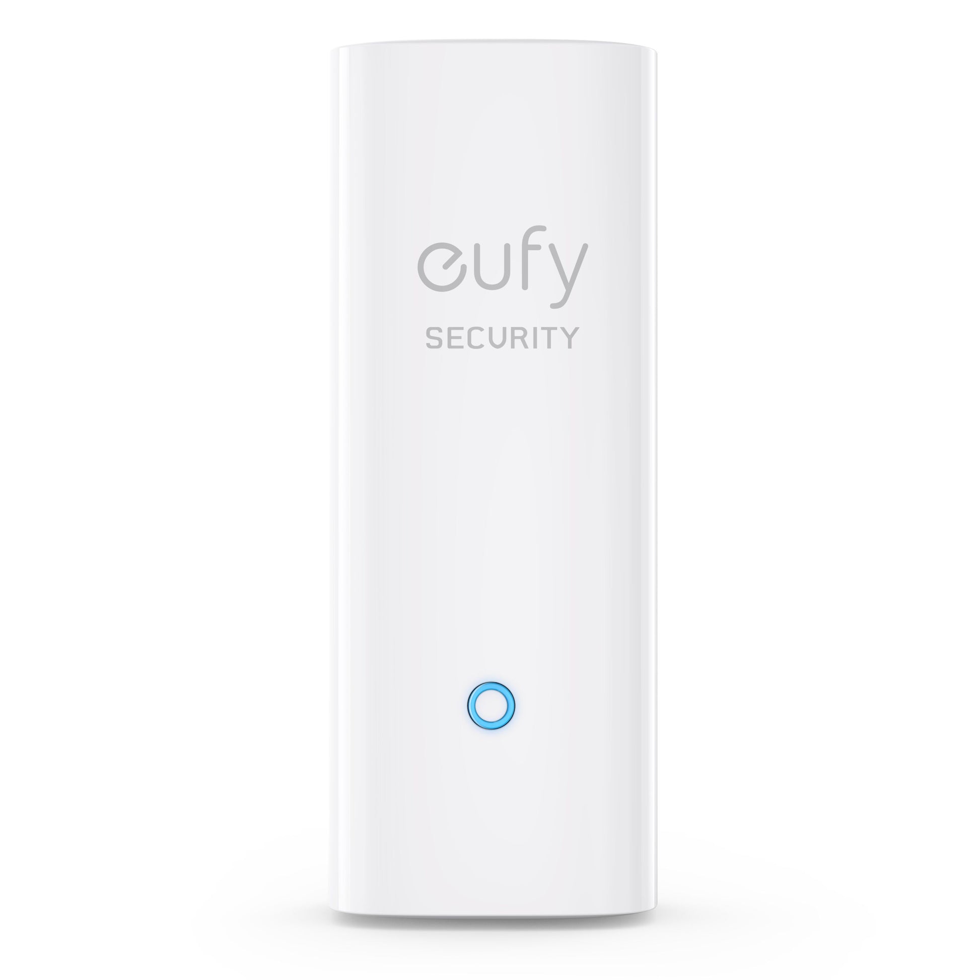 Eufy Sikkerhedsalarm 5-dele, hvid, rektangulær, blå cirkulær knap nederst, eufy SECURITY-logo over knappen.