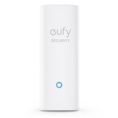 Eufy Sikkerhedsalarm 5-dele, hvid, rektangulær, blå cirkulær knap nederst, eufy SECURITY-logo over knappen.