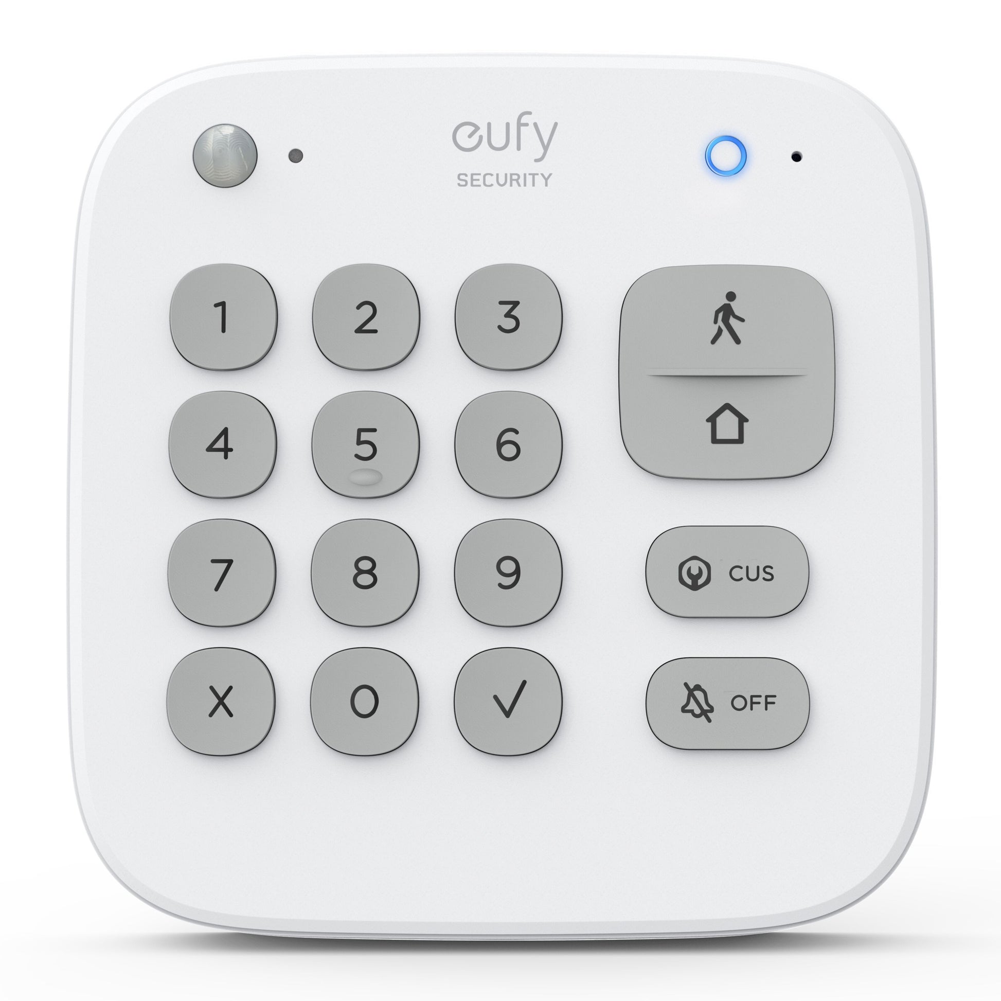 Eufy sikkerhedsalarm 5-dele hvidt afrundet tastatur, grå taster og blå indikatorlys øverst til højre.