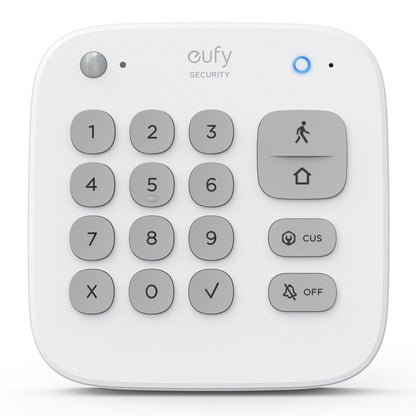 Eufy sikkerhedsalarm 5-dele hvidt afrundet tastatur, grå taster og blå indikatorlys øverst til højre.