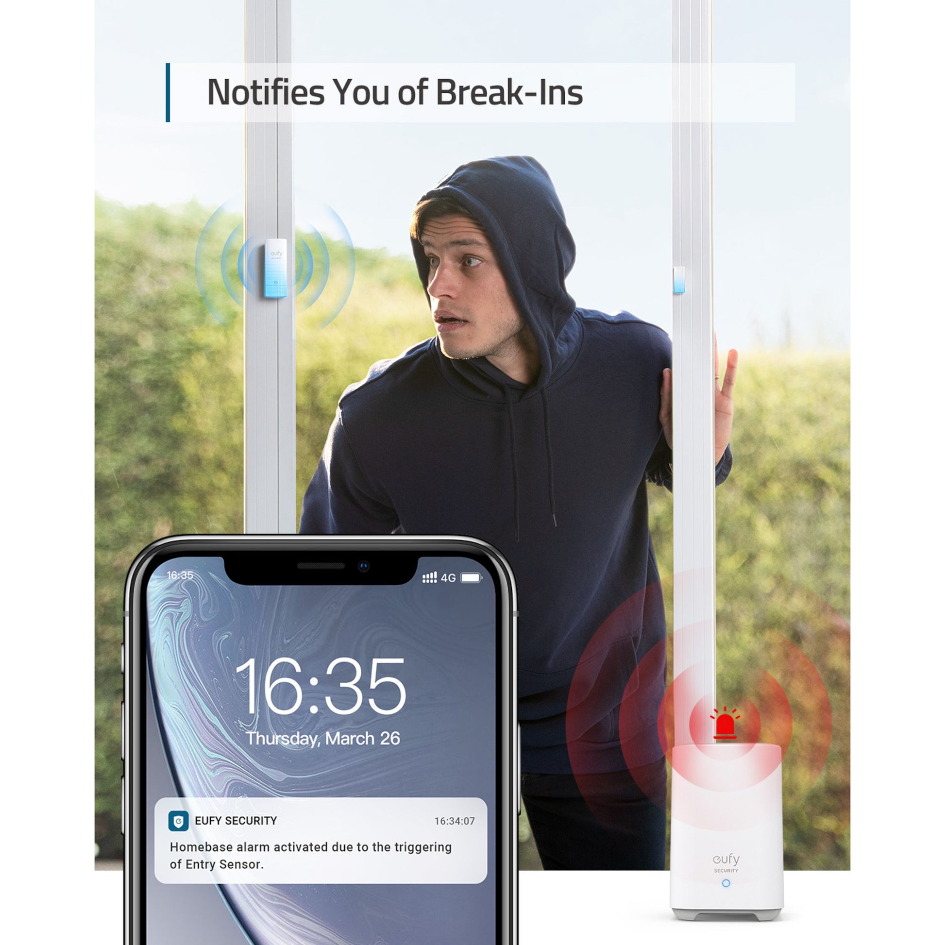 Eufy Sikkerhedsalarm 5 dele, notifikation om indbrud på smartphone, mand foran glasdør aktiverer sensor.