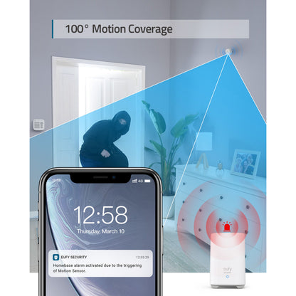 Eufy Sikkerhedsalarm 5 dele registrerer bevægelse 100° dækning, aktiverer alarm og sender notifikation til smartphone.
