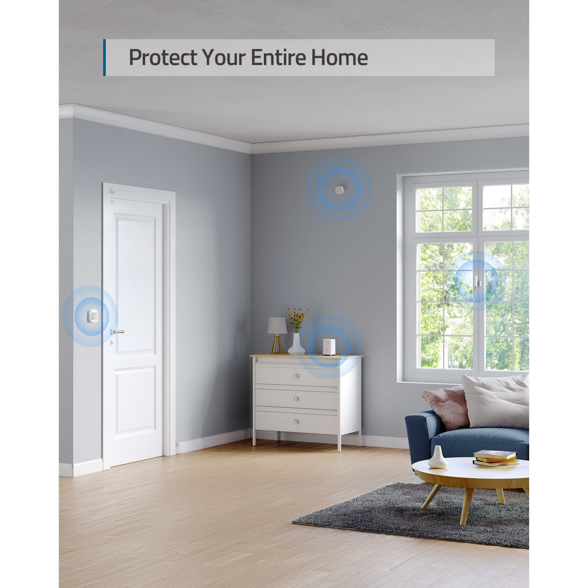 Eufy Sikkerhedsalarm 5 dele smart home kit, blå sofa, trægulv, tekst: Beskyt hele dit hjem.