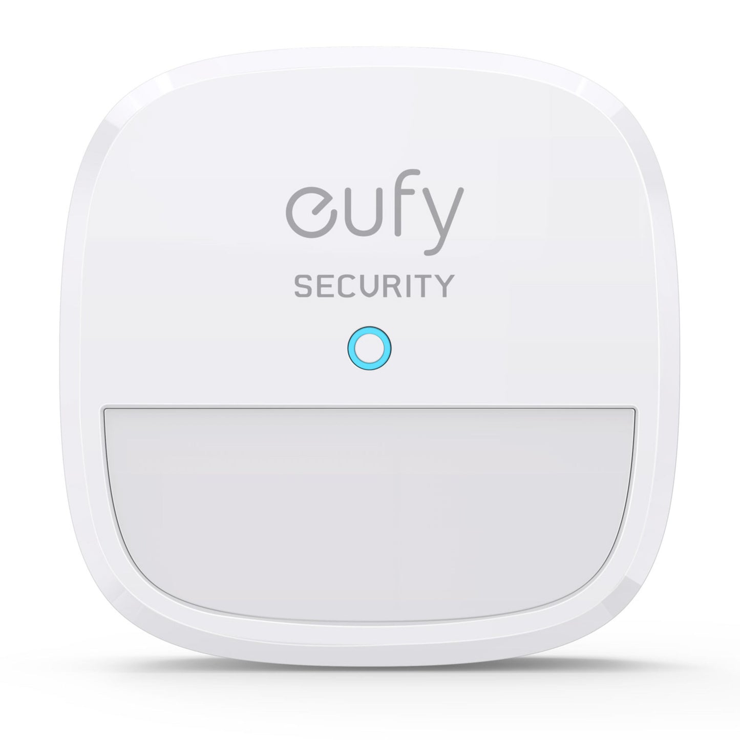 Eufy Sikkerhedsbevægelsessensor hvid firkantet sensor med afrundede hjørner, blå indikator og rektangulært panel.