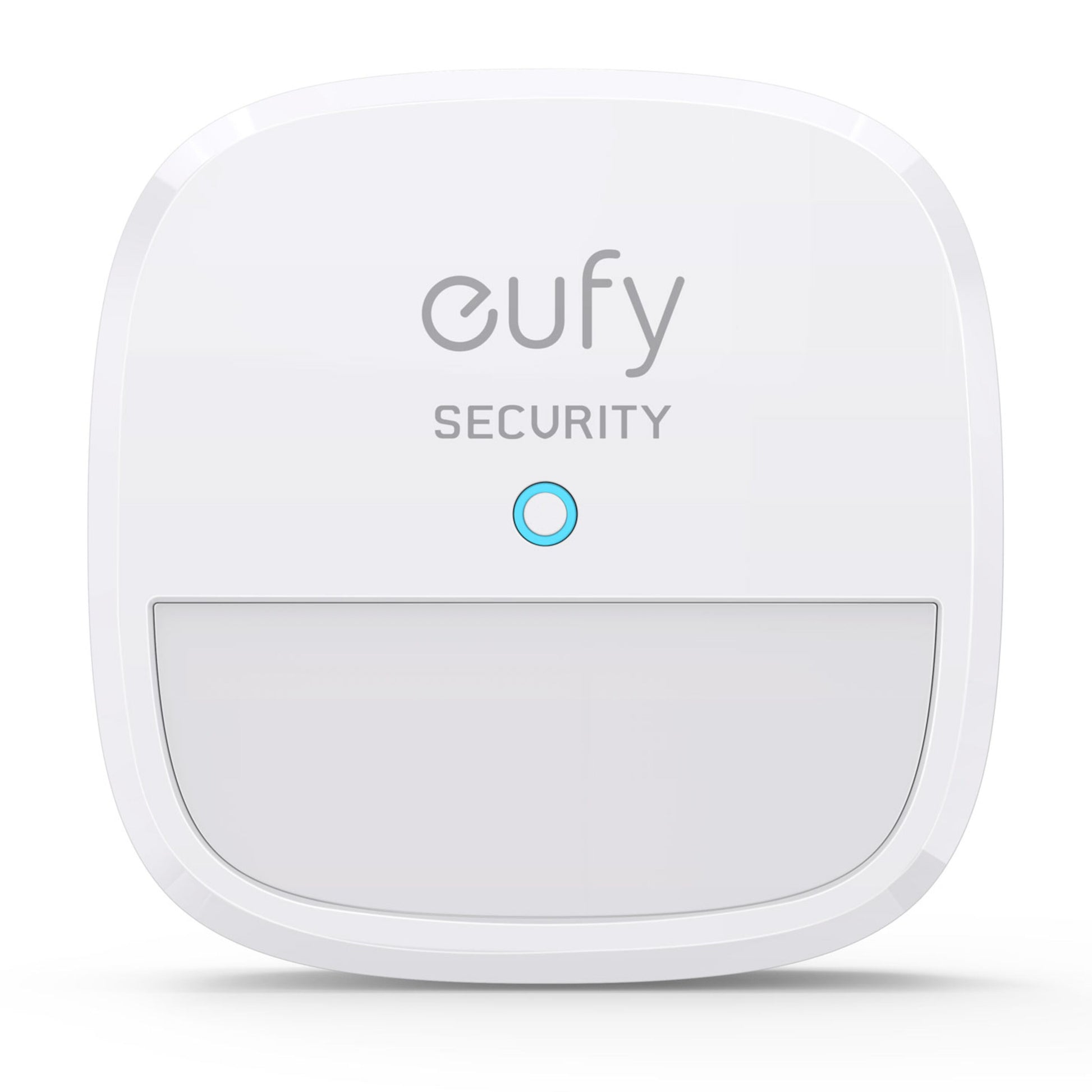 Eufy Sikkerhedsbevægelsessensor hvid firkantet sensor med afrundede hjørner, blå indikator og rektangulært panel.