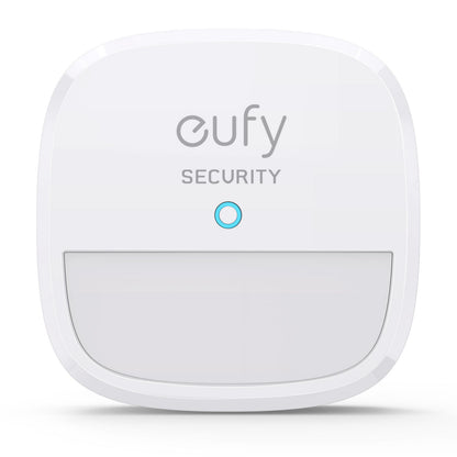 Eufy Sikkerhedsbevægelsessensor hvid firkantet sensor med afrundede hjørner, blå indikator og rektangulært panel.