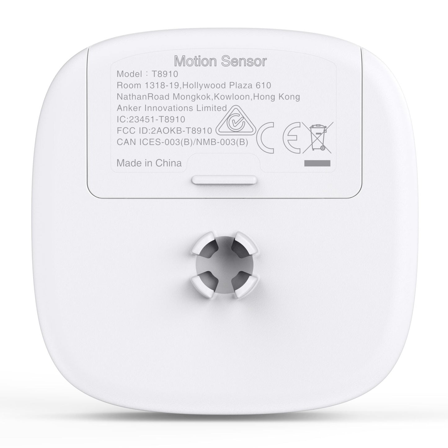 Eufy Sikkerhedsbevægelsessensor bagside med label, FCC ID, IC, CE mærker, monteringsbeslag og reset-knap, Made in China.