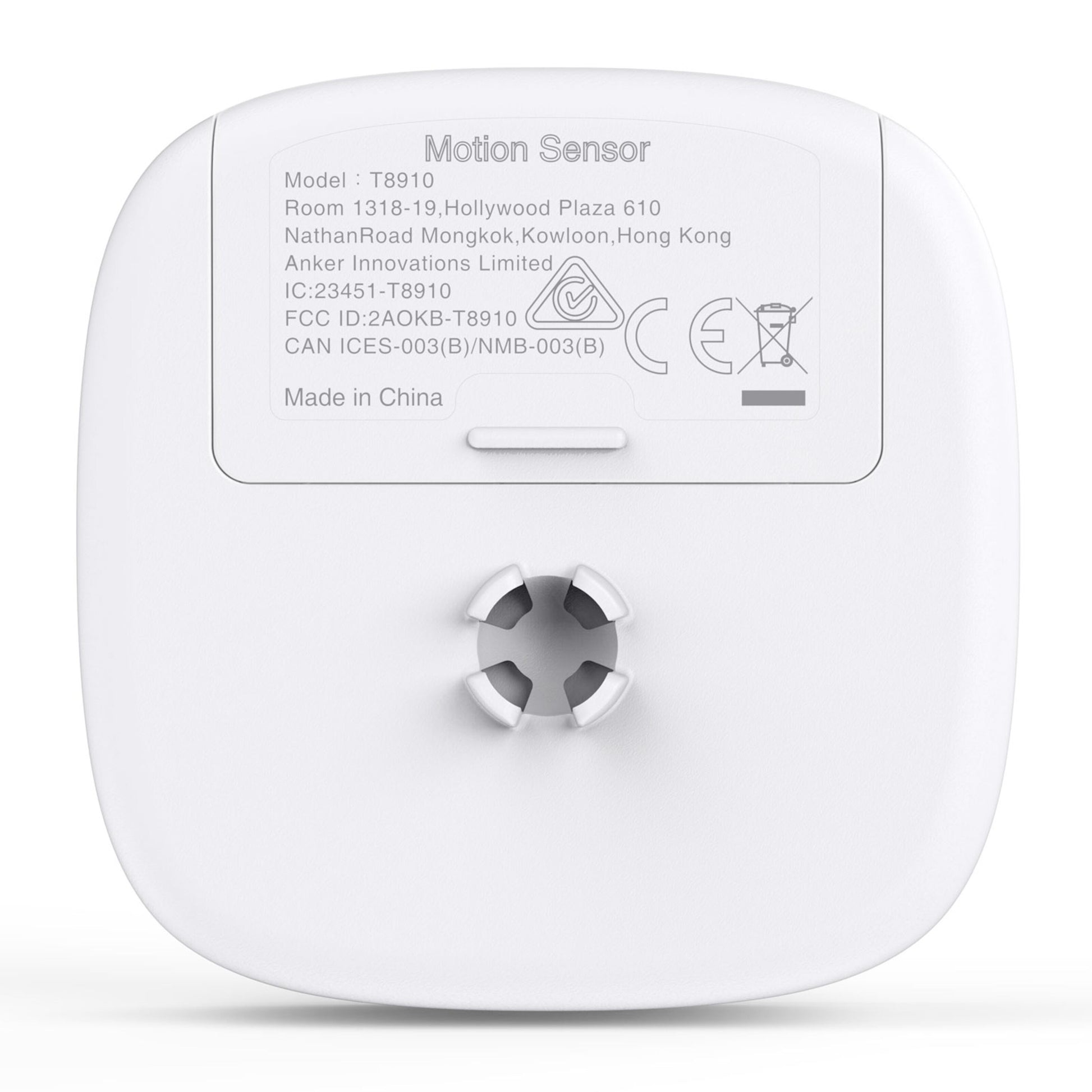 Eufy Sikkerhedsbevægelsessensor bagside med label, FCC ID, IC, CE mærker, monteringsbeslag og reset-knap, Made in China.