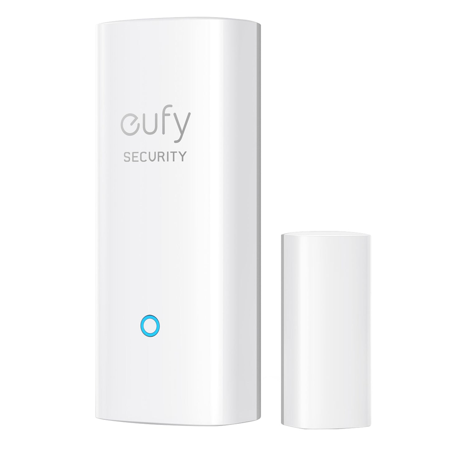 Eufy dør- og vinduessensor i hvid med afrundede hjørner, Eufy-logo, blåt indikatorlys og lille magnetisk enhed.