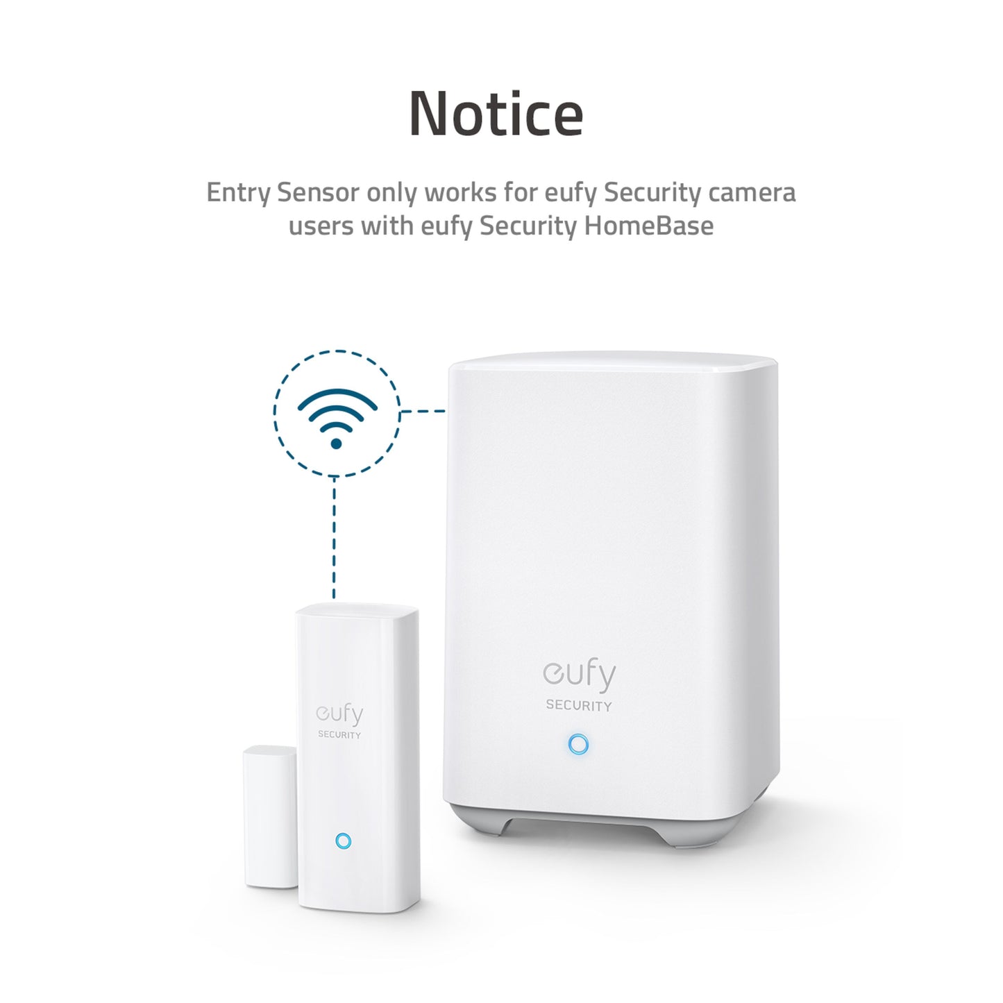 Eufy sikkerhedsdør- og vinduessensor med HomeBase, tekst: Kun til Eufy Security HomeBase-brugere, trådløst ikon vises.