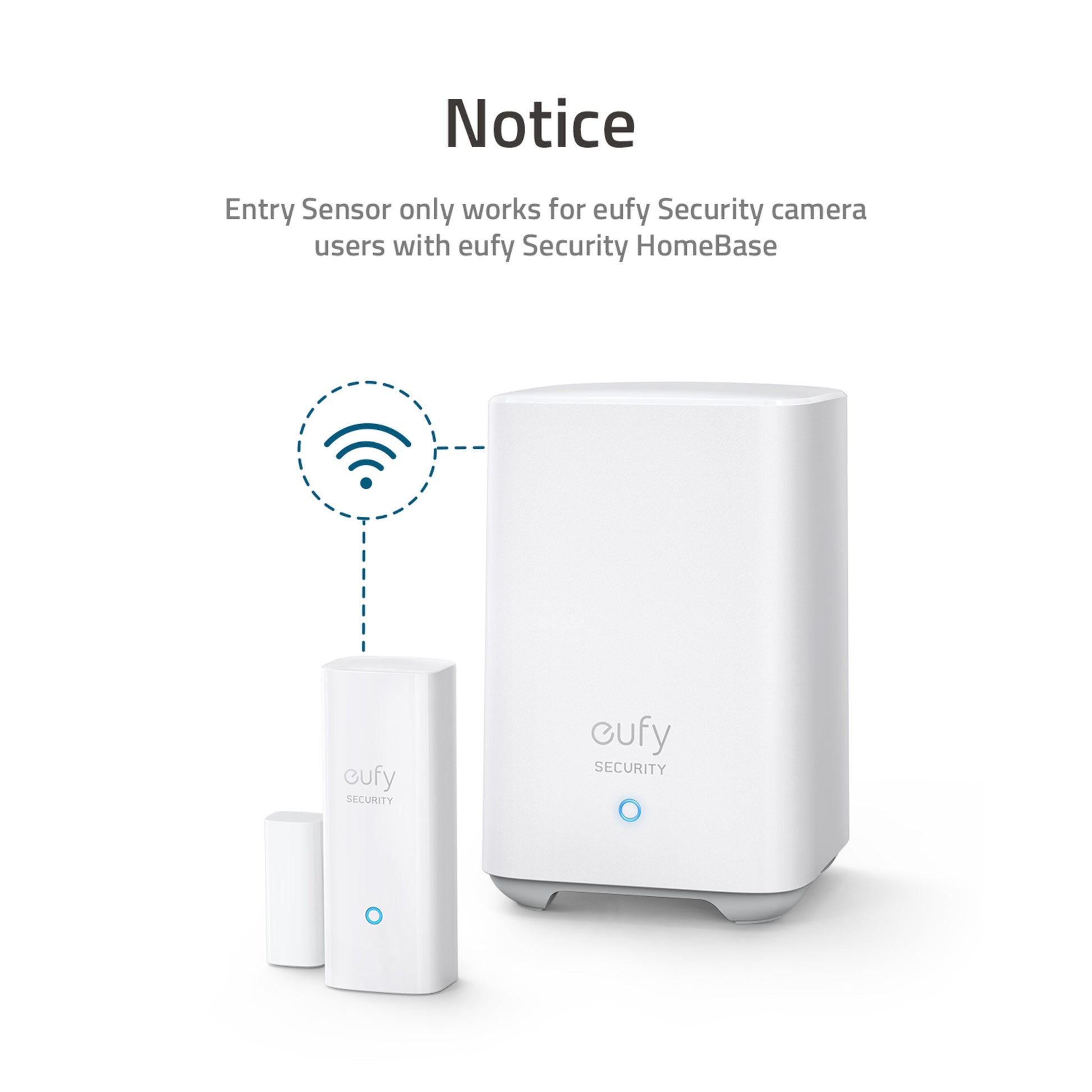 Eufy sikkerhedsdør- og vinduessensor med HomeBase, tekst: Kun til Eufy Security HomeBase-brugere, trådløst ikon vises.