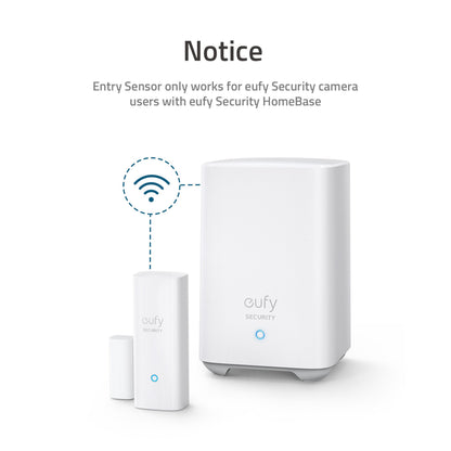 Eufy sikkerhedsdør- og vinduessensor med HomeBase, tekst: Kun til Eufy Security HomeBase-brugere, trådløst ikon vises.