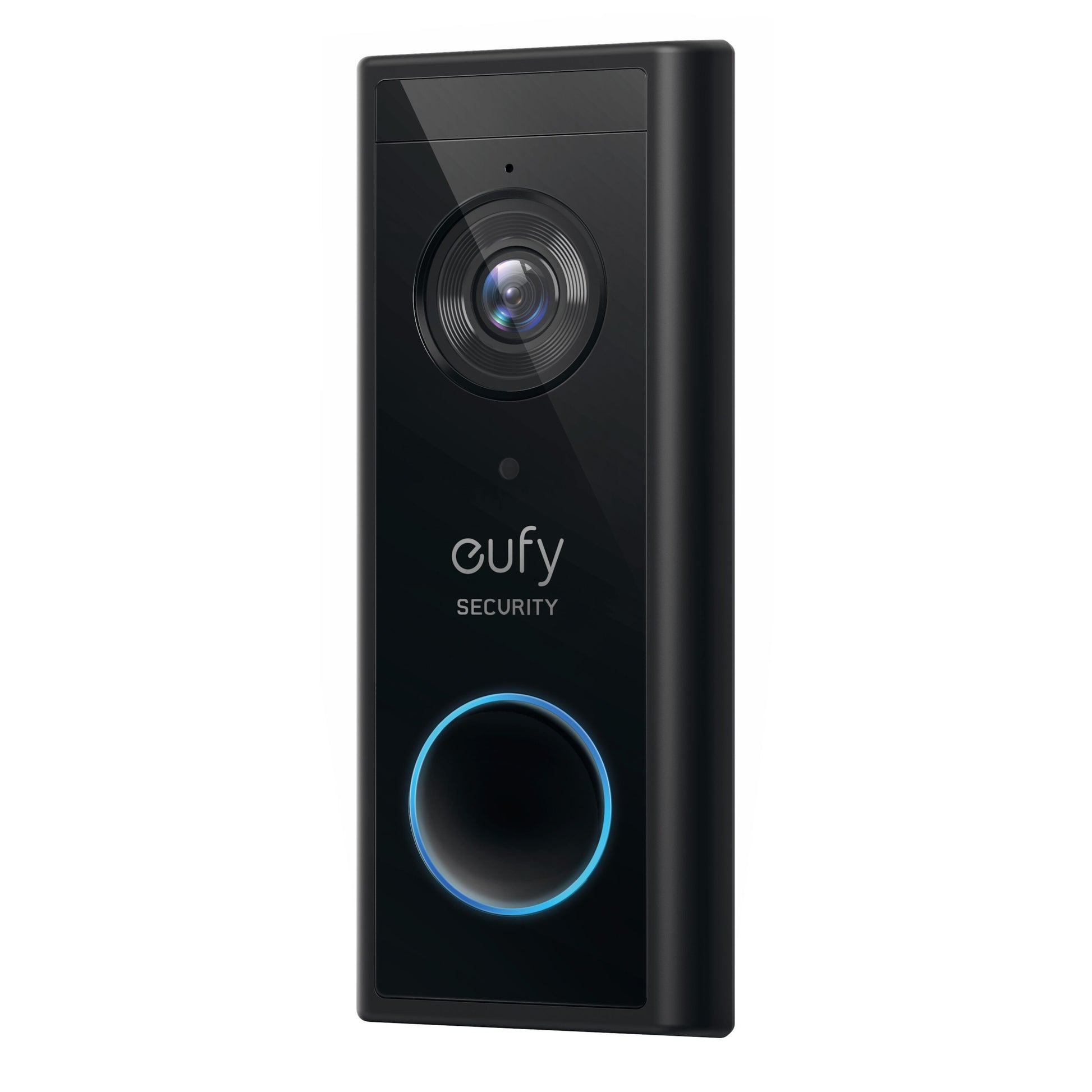 Eufy Video dørklokke 2K, sort, topkamera, cirkulær knap med blå LED-ring, to-vejs lyd.
