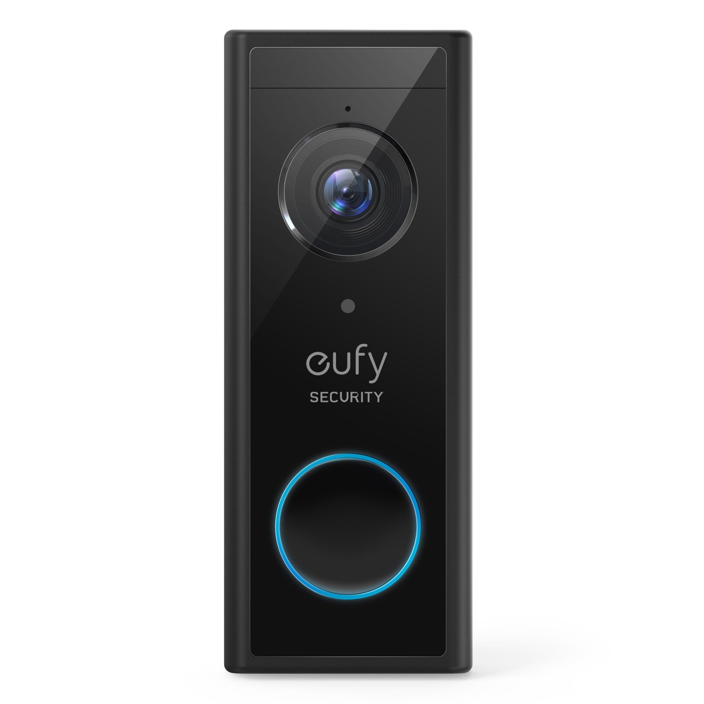 Eufy Video dørklokke 2K sort rektangulær trådløs med topkamera, eufy SECURITY logo og blå LED knap nederst.