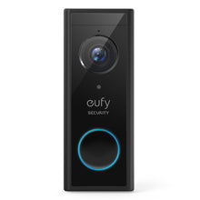 Eufy Video dørklokke 2K sort rektangulær trådløs med topkamera, eufy SECURITY logo og blå LED knap nederst.