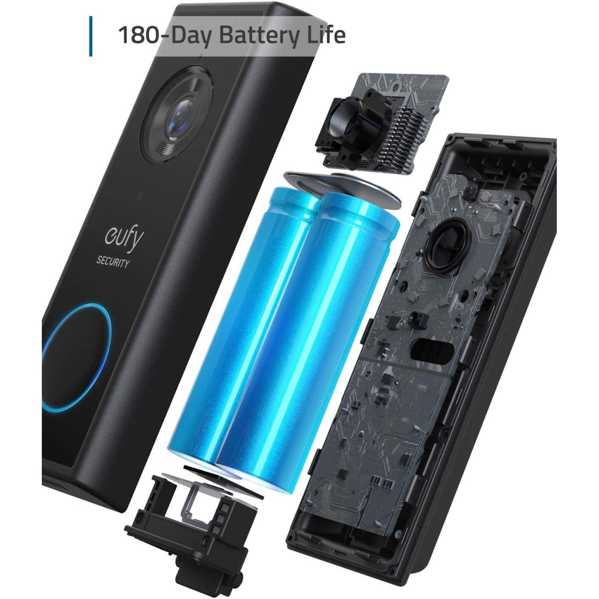 Eufy Video dørklokke 2K tilføjelse eksploderet view med kameralinse, to blå batterier, printplade, tekst: 180 dages batterilevetid.