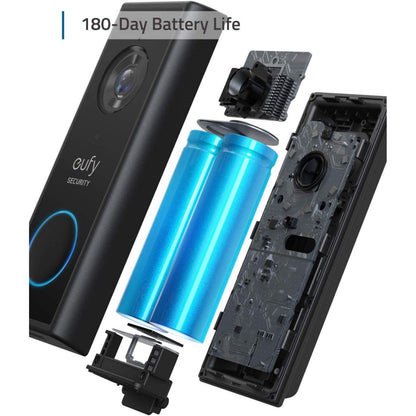 Eufy Video dørklokke 2K tilføjelse eksploderet view med kameralinse, to blå batterier, printplade, tekst: 180 dages batterilevetid.