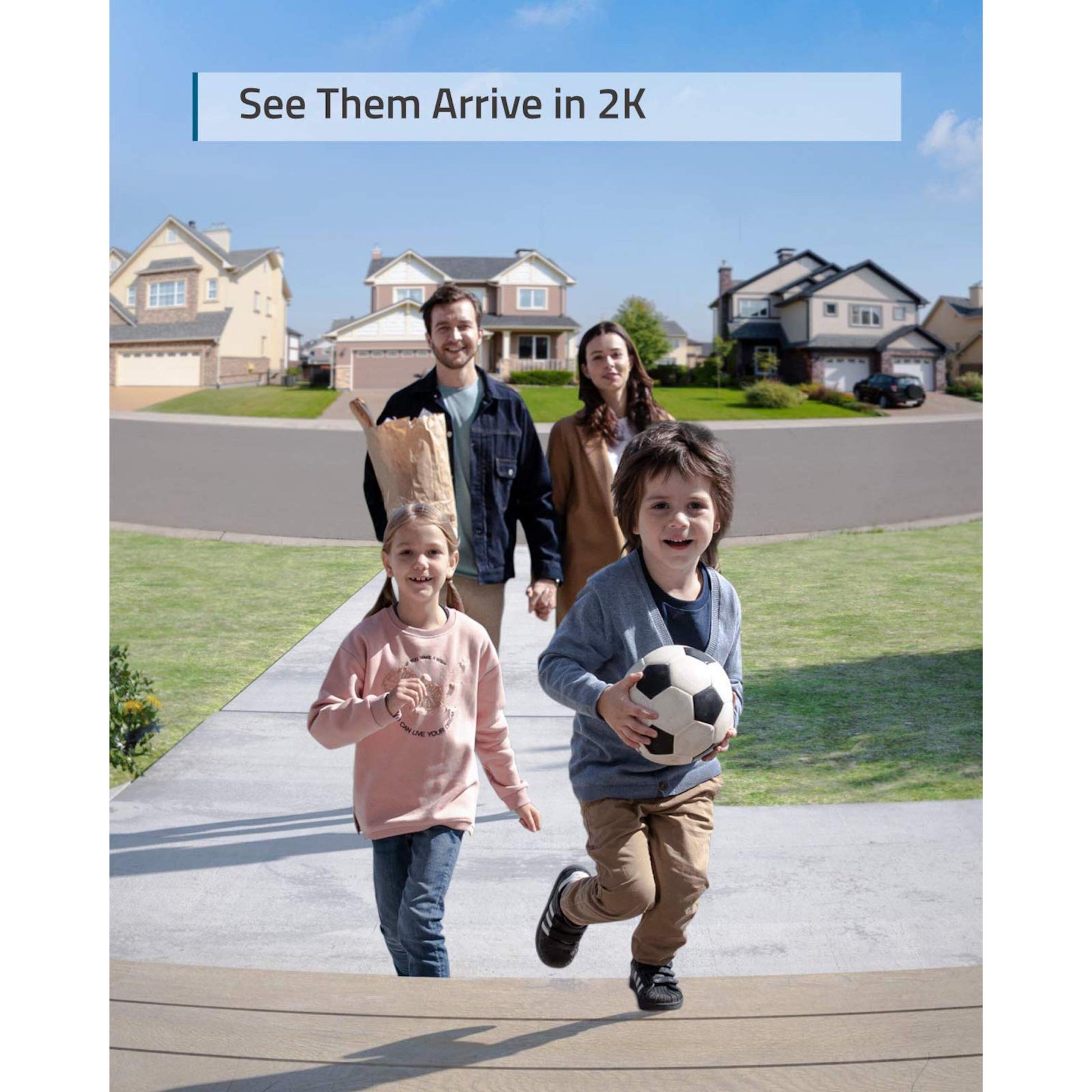Eufy Video dørklokke 2K tilføjelse optager familie ankomst vises med teksten "See Them Arrive in 2K.