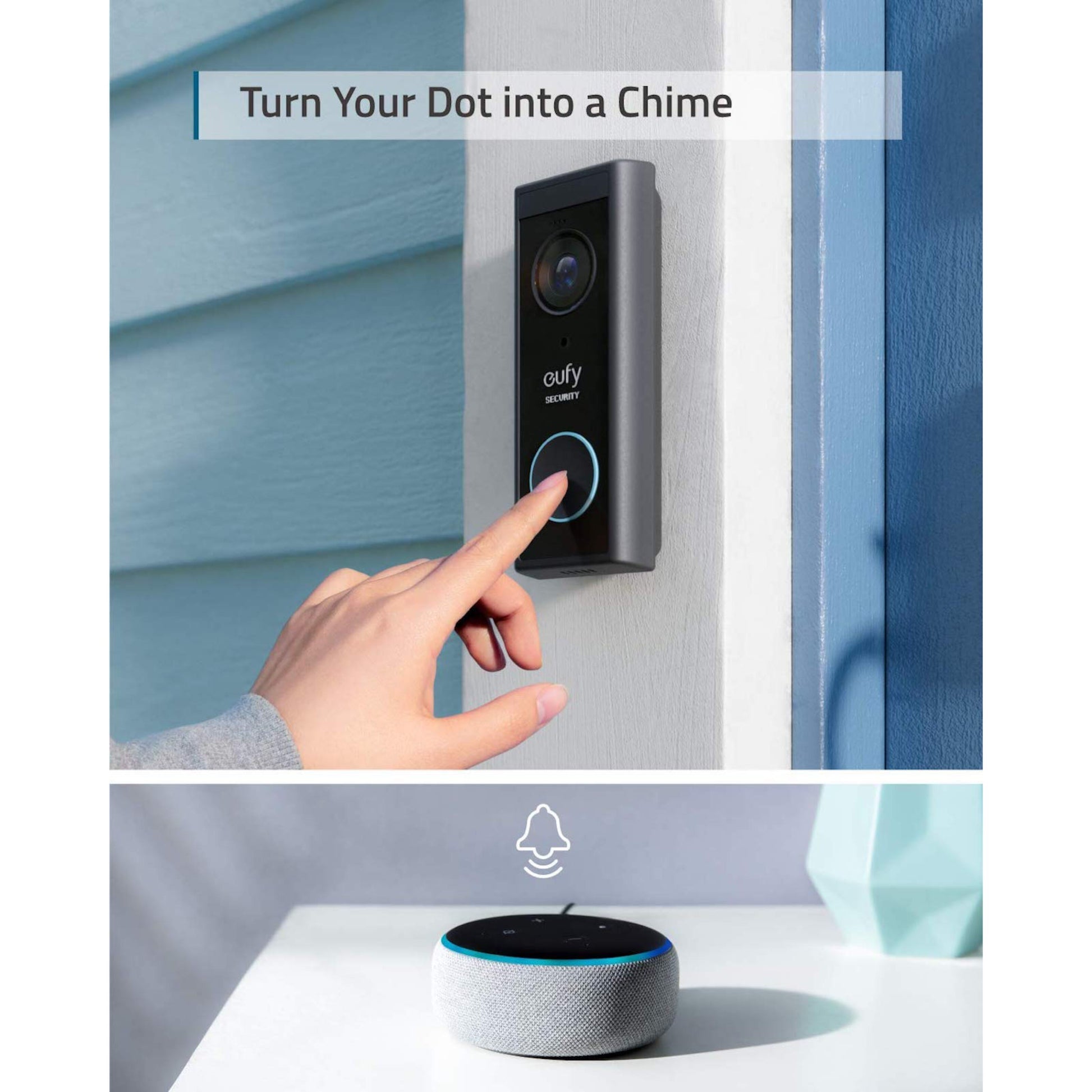 Eufy Video dørklokke 2K tilføjelse bruges med Amazon Echo Dot som trådløs dørklokke chime Tekst: Lav din Dot om til et klokkespil.
