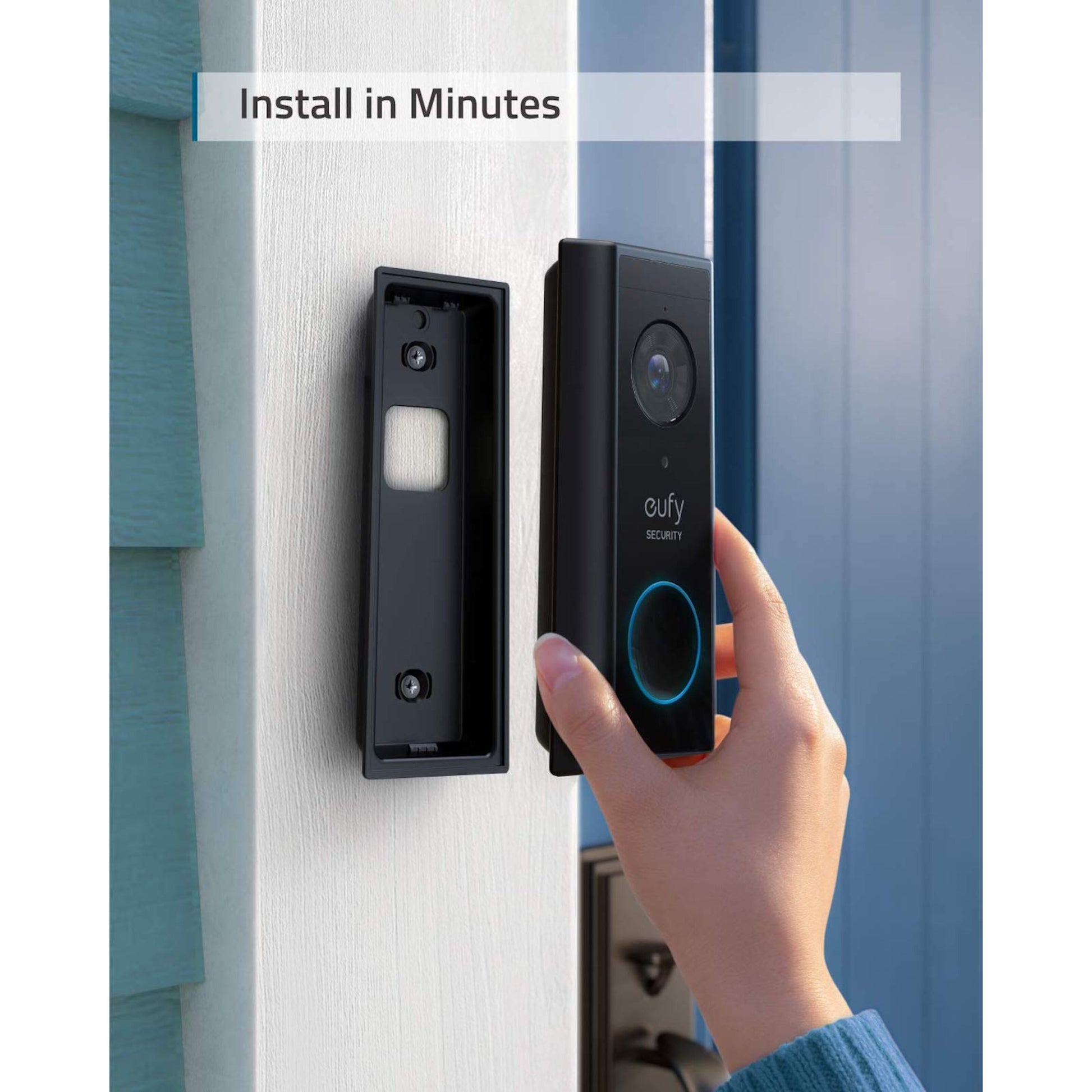 Eufy Video dørklokke 2K Add-on trådløs monteres ved blå dør tekst: Installer på få minutter til-vejs lyd.