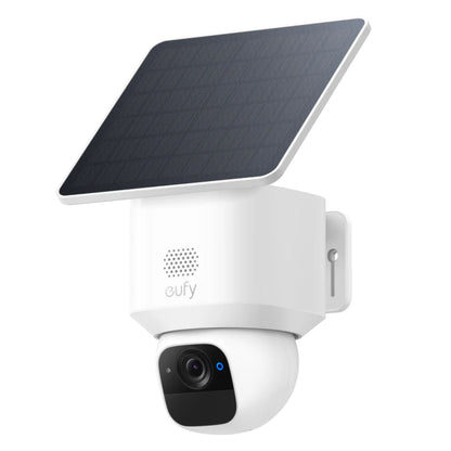 Eufy EufyCam Solo E30 IP-kamera 2K med rektangulært solpanel øverst til vægmontering.