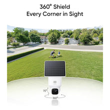 Eufy EufyCam Solo E30 solcelledrevet IP-kamera 2K opløsning, viser 360° rotation og tilt, tekst: 360° afskærmning Hvert hjørne i sigte.