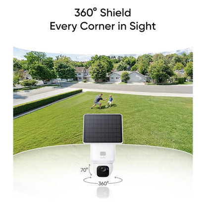 Eufy EufyCam Solo E30 solcelledrevet IP-kamera 2K opløsning, viser 360° rotation og tilt, tekst: 360° afskærmning Hvert hjørne i sigte.
