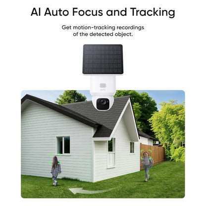 Eufy EufyCam Solo E30 IP-kamera med solpanel monteret på hvidt væg, AI autofokus, tracking, to personer i 2K-opløsning.