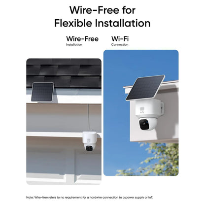 Eufy EufyCam Solo E30 kamera med solpanel, monteret udendørs på facade, trådløs opsætning og 2K opløsning.